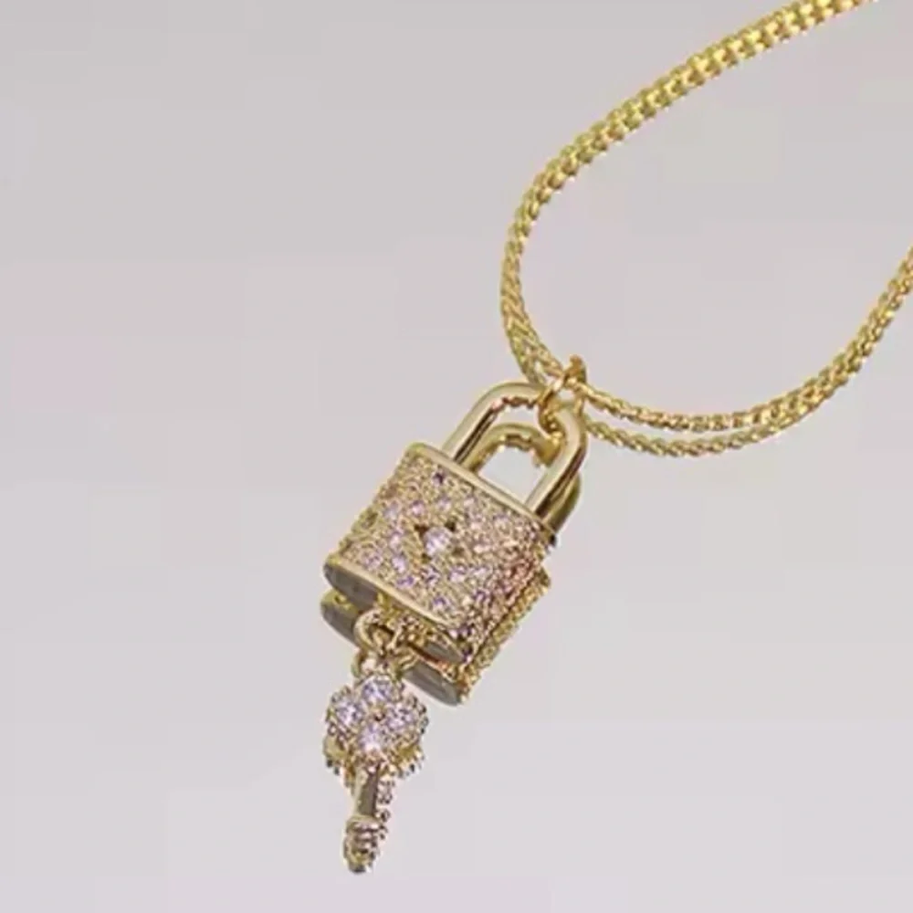 18K Gold Clover & Flower Diamond Lock & Key Luxury Inspired Design Necklace